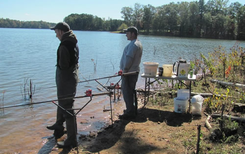 Paylakers Tom Ward (left) and Scott Robbins (right) fishing Lake Blalock in Chesnee, SC
