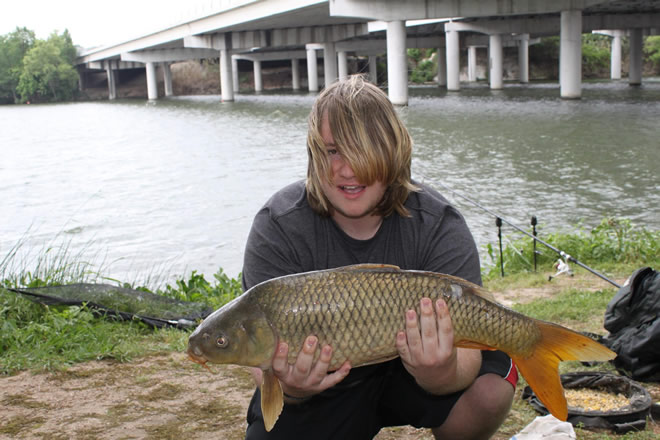 Phoenix Van Auken with a 11.0 lb common carp caught during Session 4 of the Wild Carp Club of Austin at Lady Bird Lake