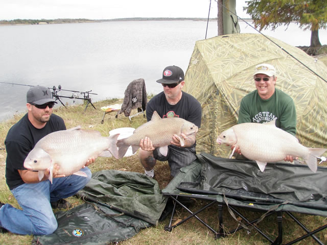 (from left) Kevin Olivier (38.8 lb), Scott Ferguson(14.12 lb) and Keith Thompson (30.8 lb) celebrate a triple buffalo run during Session 7 of the Wild Carp Club of Austin