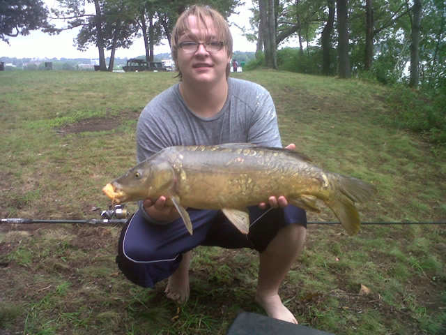 Zach Randlett with an 11 lb, 7 oz mirror carp caught during sessin 4 of the 2012 season of Wild Carp Club of New England