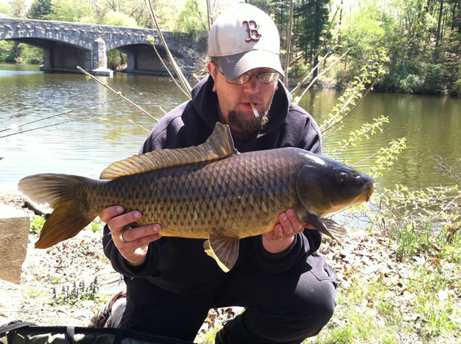 Vinny Jeffreys with a 10 lb, 0 oz common carp caught during session 1 of the Wild Carp Club of New England